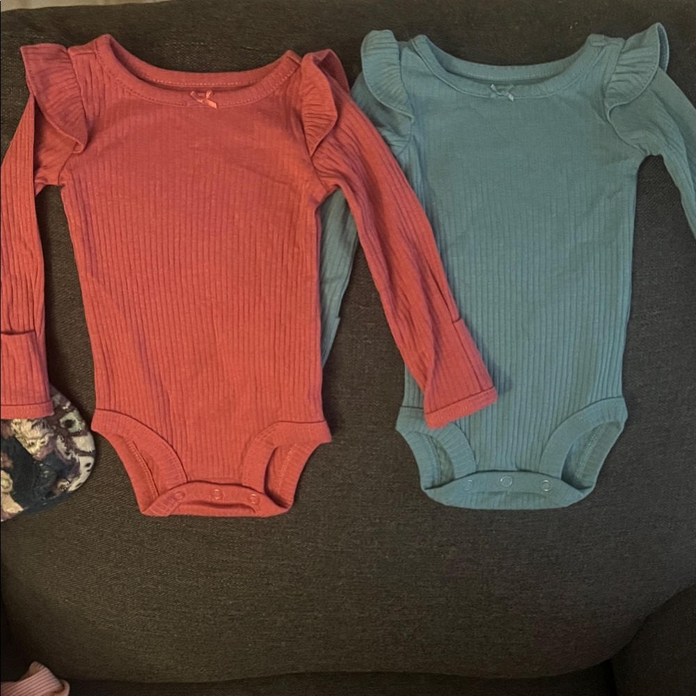 Carter's Ruffled Long Sleeve Bodysuits - Coral and Teal